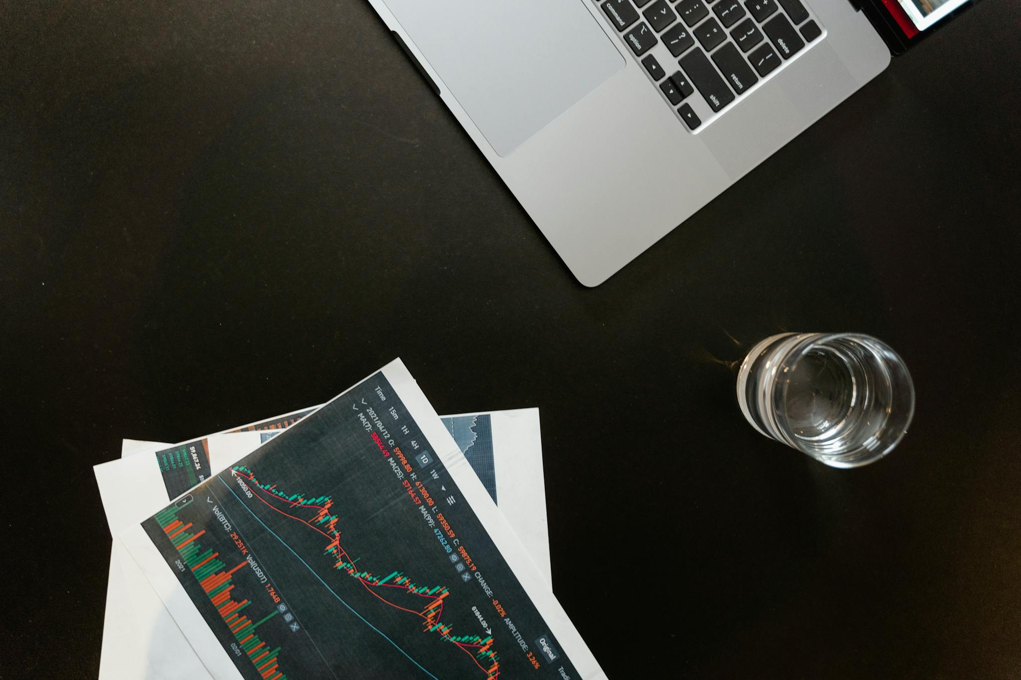 Professional workspace featuring financial graphs, laptop, and glass of water on a sleek desk.